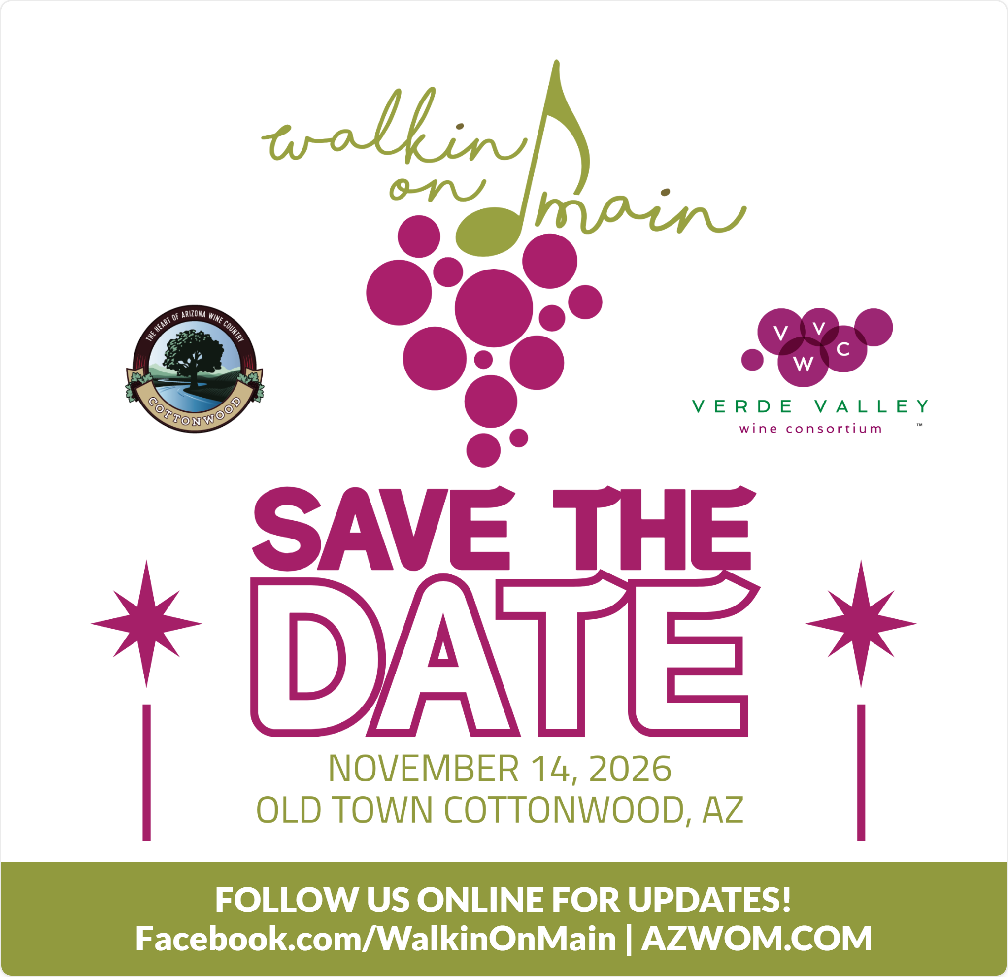 Walkin' on Main 2026 Save the Date — November 14, 2026, Old Town Cottonwood, Arizona