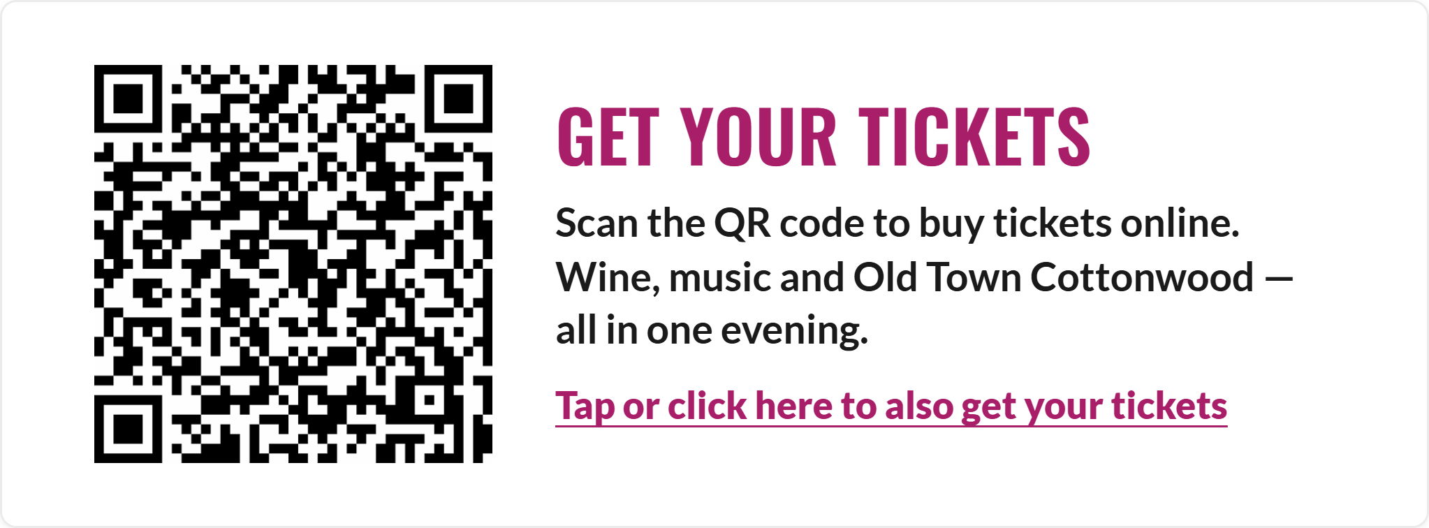 Get your tickets — scan the QR code or click to buy Walkin' on Main 2026 wine tasting tickets online
